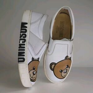 100% Authentic MOSCHINO TOY Slip on Sneakers Leather White Brwn Size28EU/ 11c US